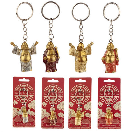 Colorful set of 12 Lucky Buddha glitter keyrings, each symbolizing happiness and prosperity, perfect for stylish accessories and gifts.