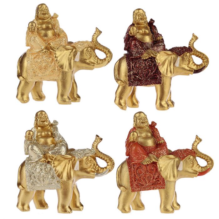 Set of 4 Lucky Buddha and Glitter Elephant figurines, embodying serenity and joy with intricate details and vibrant aesthetics.