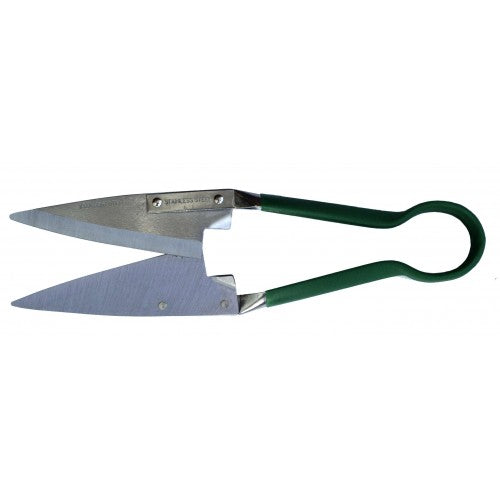 Stainless steel grass shears with ergonomic green handle, 300mm blade for precise trimming and easy gardening tasks.