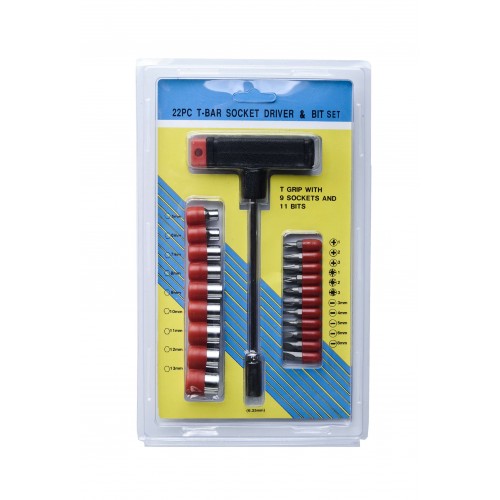 T Bar Socket & Bit Set 22pce featuring robust T-Grip, 9 sockets, and 12 bits for efficient fastening tasks.