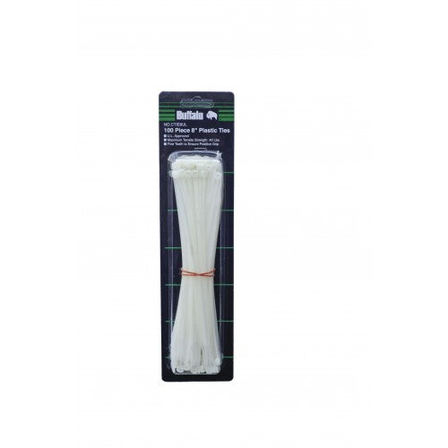 Durable U.L. approved cable ties, 8 inches long, 100 pack, supports 40 lbs, fine teeth for superior grip and retention.