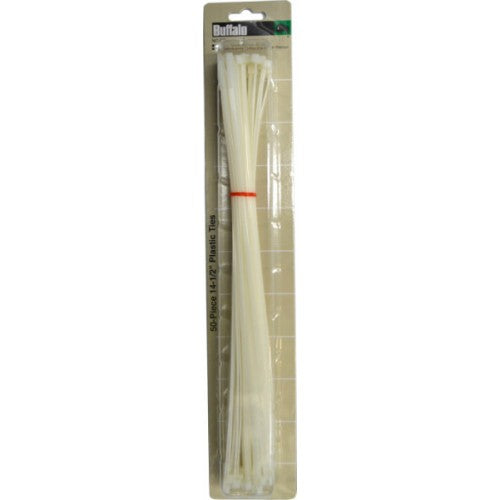 U.L. approved 14-1/2" cable ties in a 50pc pack, durable, heavy-duty with fine teeth for secure bundling, 22.5kg capacity.