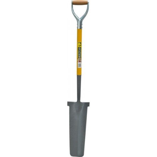 Bulldog draining spade with fiberglass shaft and wing treads for efficient digging and optimal soil drainage.