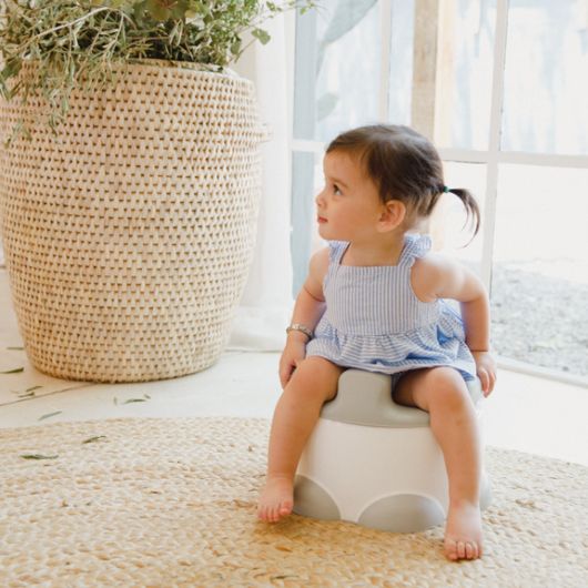 Bumbo Step n' Potty in Cool Grey, a versatile 2-in-1 potty trainer with cushioned seat and slip-resistant design for toddlers.