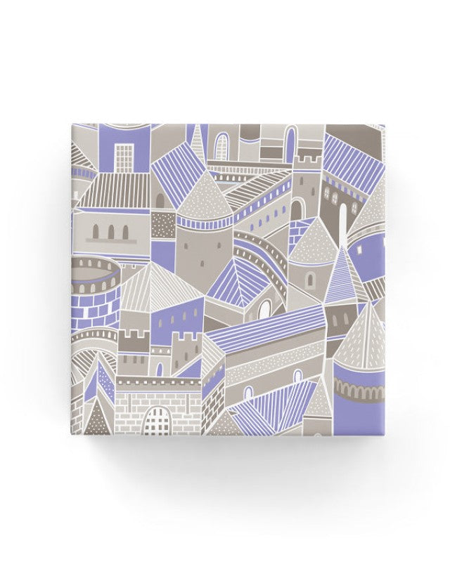 Enchanting taupe and purple wrapping paper with whimsical castle motifs, perfect for all occasions.
