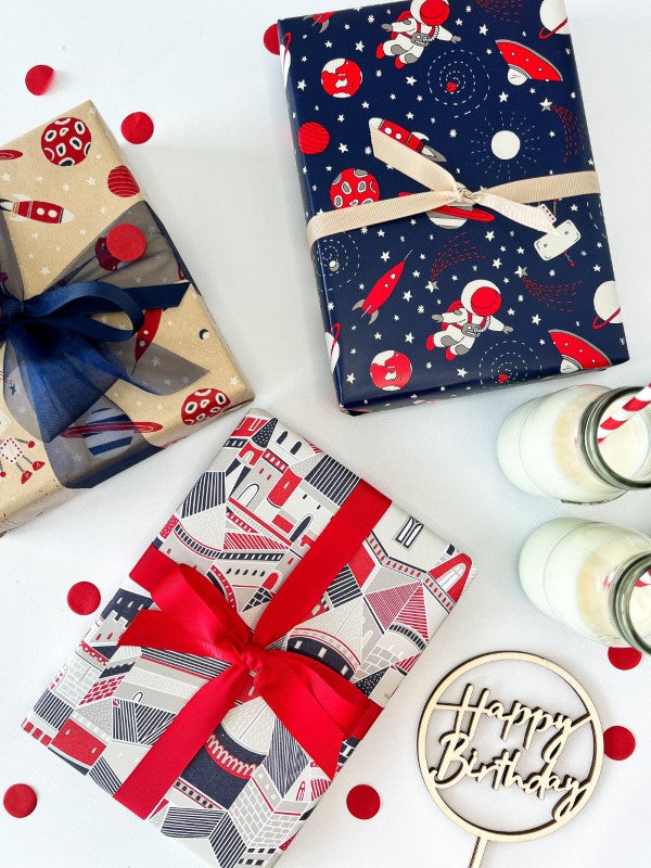 Wrapping Paper - Space Wrap Navy Taupe Red