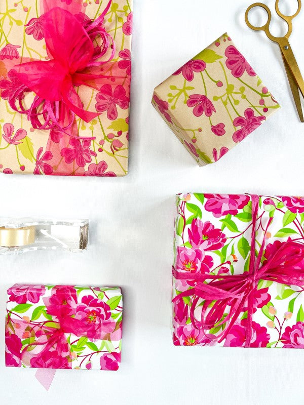 Wrapping Paper - Wild Blooms on Kraft Hot Pink Lime