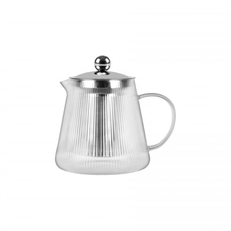 Brew Infusion Teapot with vertical stripes, 600ml capacity, made of durable borosilicate glass for flavorful tea and coffee.