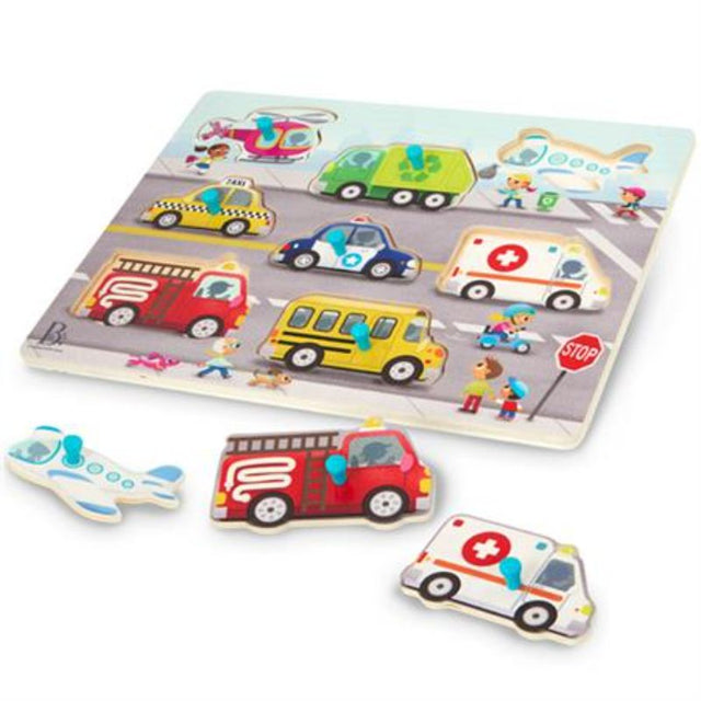 Colorful wooden puzzles featuring transportation vehicles, ideal for toddlers to enhance matching skills and cognitive development.