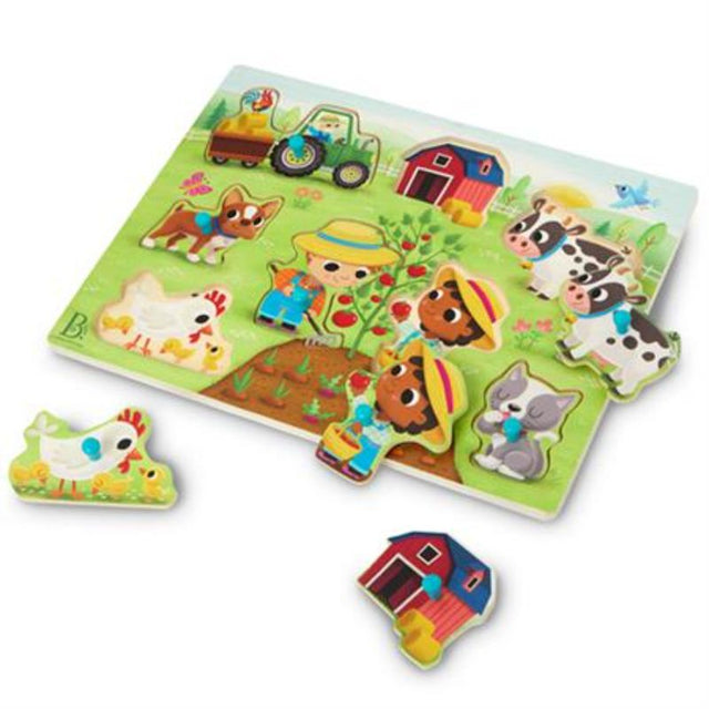 Colorful wooden puzzle set featuring a farmer and farm animals, designed for toddlers to enhance creativity and motor skills.