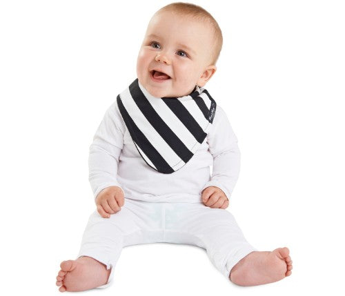 Reversible black and white striped bandana bib for toddlers, featuring waterproof material and absorbent cotton layers.