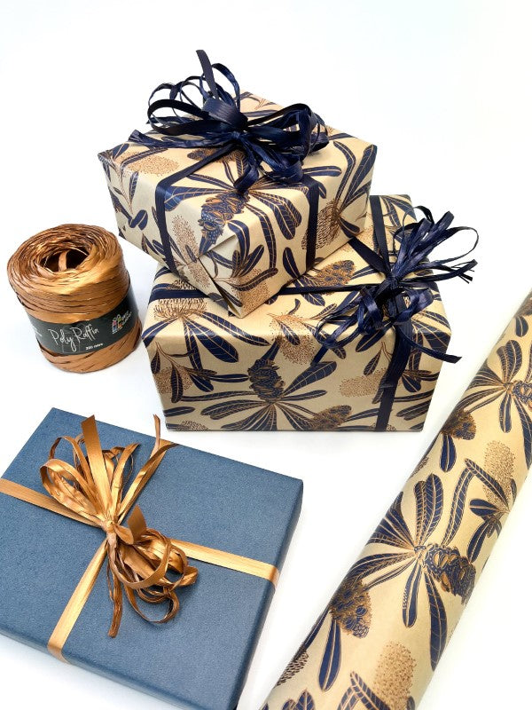Wrapping Paper - Banksia on Kraft Wrap Navy Copper