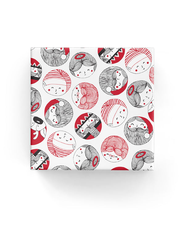 Matte red and black wrapping paper roll featuring festive characters, 100gsm, 600mm x 40m. Sustainable materials.