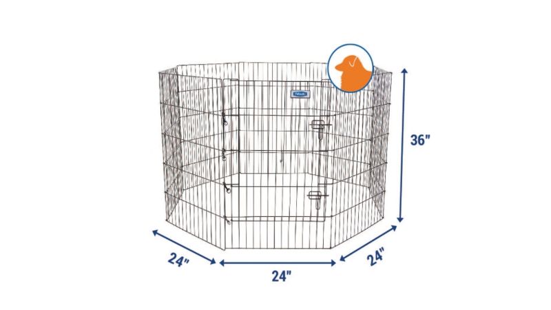 Durable black 90cm pet exercise pen with double latch door, ideal for safe indoor or outdoor play, portable and easy to assemble.