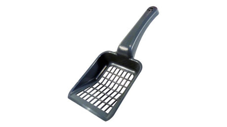 Blue cat litter scoop, 25 x 10cm, ergonomic handle, designed for easy sifting and waste removal from litter boxes.