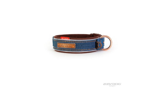 Stylish and durable Ezy Dog Neo Classic S Denim collar, featuring waterproof neoprene and reflective safety piping.