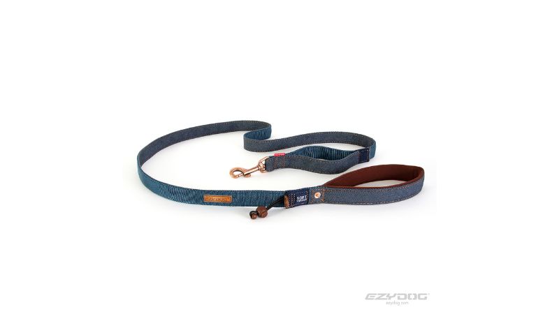 Ezy Dog Leash Soft Trainer Lite 25mm in denim for small dogs, featuring soft grip, reflective trim, and stylish brass hardware.