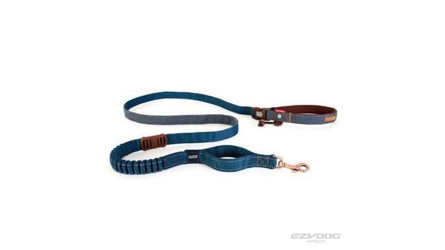 Ezy Dog Road Runner Leash 2.1m in denim with leather patches, brass hardware; hands-free, shock-absorbing for active dog owners.