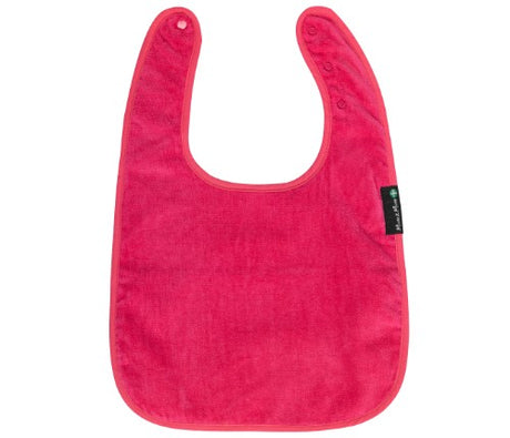 Vibrant cerise feeding apron with back opening, extra-absorbent towelling, adjustable fit, and waterproof layer for kids.