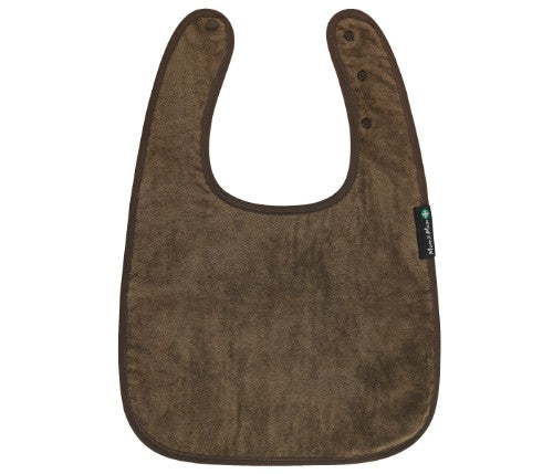 Stylish chocolate feeding apron with back opening, 100% cotton, stain resistant, and adjustable for mess-free mealtimes.