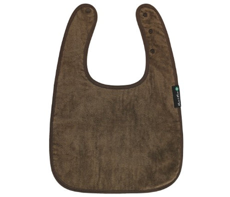 Stylish chocolate feeding apron with back opening, 100% cotton, stain resistant, and adjustable for mess-free mealtimes.