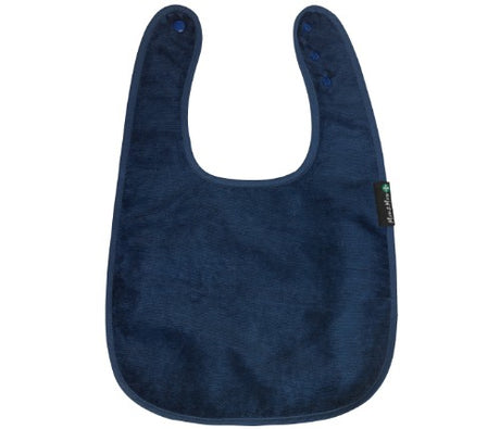 Navy feeding apron with back opening, 100% cotton, waterproof, stain-resistant, adjustable for infants and toddlers.