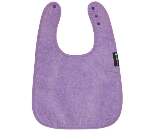 Purple cotton feeding apron with back opening, adjustable fit, extra-absorbent, stain resistant, and machine washable for toddlers.
