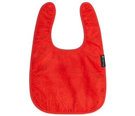 Feeding apron in vibrant red featuring extra-absorbent toweling and waterproof layer for ultimate spill protection.