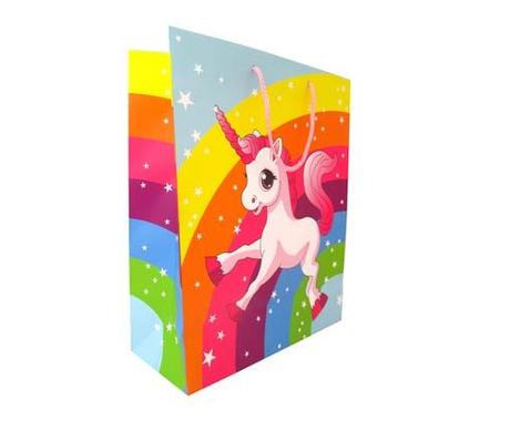 Vibrant unicorn gift bags, 26.7x33x11cm, perfect for parties or gift packaging, pack of 6 at clearance price.