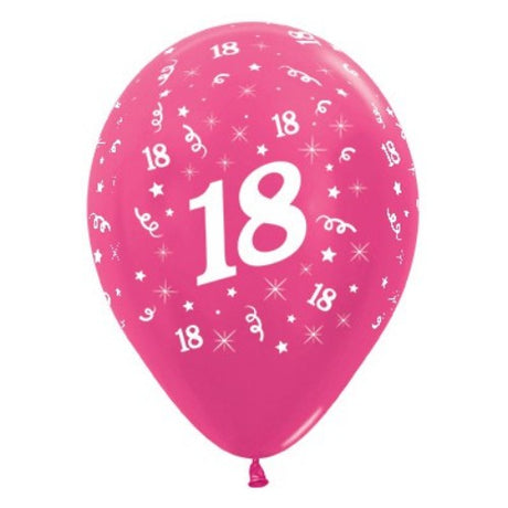 Pack of 25 fuchsia metallic pearl balloons for 18th birthday celebrations, durable and vibrant for impressive decorations.