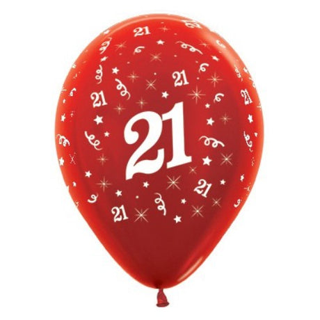 Red metallic pearl balloons for age 21, pack of 25, ideal for vibrant birthday parties and stylish celebrations.