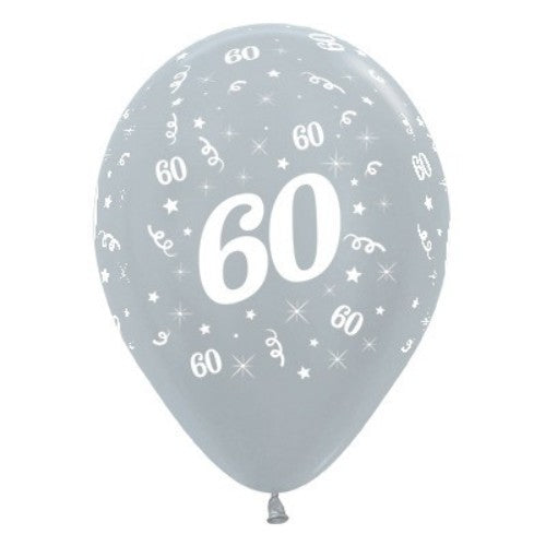 Silver metallic pearl balloons for age 60 celebrations, pack of 25, perfect for birthdays and special occasions.