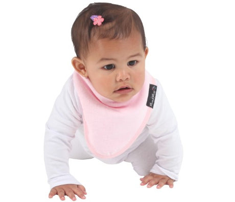 Stylish baby pink bandana bib with absorbent layers, water-resistant backing, ideal for keeping infants dry and chic.