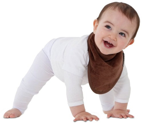 Chocolate bandana bib for infants, featuring super-absorbent fabric and water-resistant backing to keep neckline dry and stylish.