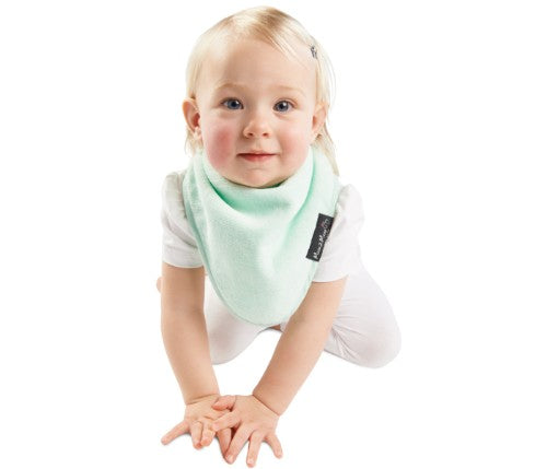 Stylish mint bandana bib for babies, featuring absorbent cotton and water-resistant backing to keep them dry and cute.