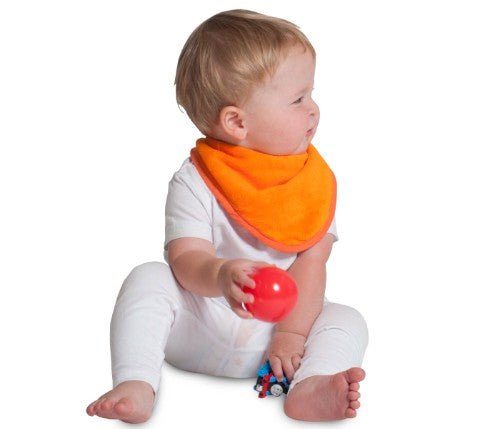 Vibrant orange Bandana Wonder Bib for babies, made from cotton with super-absorbent towelling and water-resistant backing.