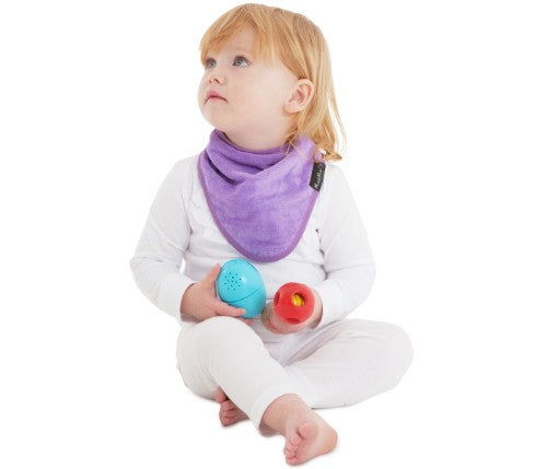 Stylish purple bandana bib with cotton front and nylon backing, keeping babies dry and clean during feedings and teething.