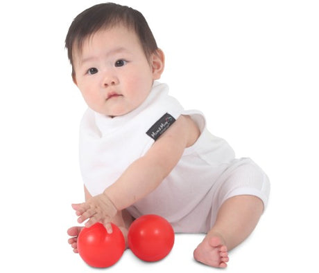 Stylish white bandana bib for babies, super-absorbent cotton, water-resistant backing, perfect for dribble protection.