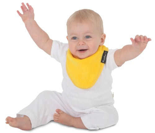 Stylish yellow bandana bib for babies, made from absorbent cotton, keeps neckline dry and clean during feeding and teething.
