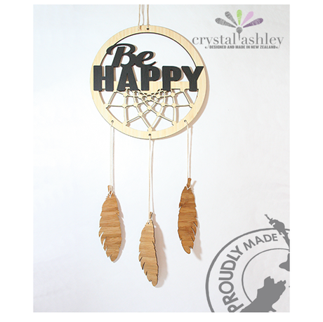 Bamboo dream catcher with "Be Happy" design, featuring one ring and three feathers, 200mm diameter, eco-friendly and gift-ready.