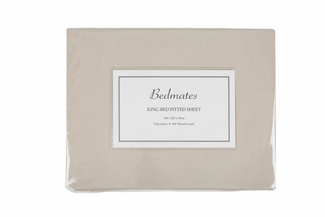 King fitted sheet in elegant Oyster color, made from 250TC polyester cotton blend for softness and durability.