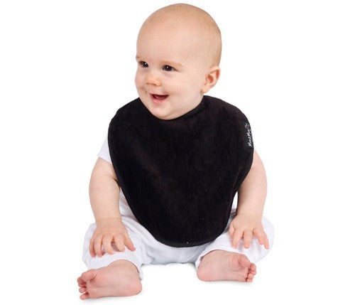 Super-absorbent black cotton bib for babies, protects against spills, dribble rash, and eczema; easy to wash and durable.