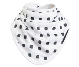 Black and white bamboo bandana bib featuring stylish blocks and stars, with three layers for comfort and waterproof protection.