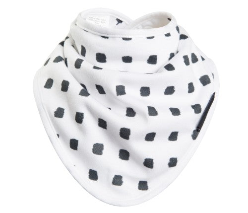 Black and white bamboo bandana bib featuring stylish blocks and stars, with three layers for comfort and waterproof protection.