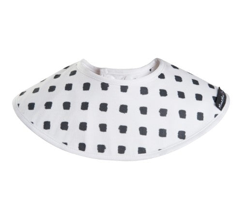 Bamboo Collar Bib in black blocks and white stars, eco-friendly, reversible, and moisture-wicking for babies 4 months to 3 years.