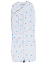 Large Dreamswaddle in blue criss-cross, made of soft cotton, featuring double wrap system and easy diaper change zip.