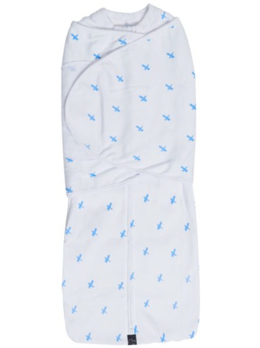 Large Dreamswaddle in blue criss-cross, made of soft cotton, featuring double wrap system and easy diaper change zip.