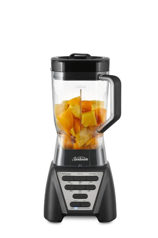 Sleek black Sunbeam Two Way Blender with 2L Tritan jug and 7 functions for smooth, versatile blending.