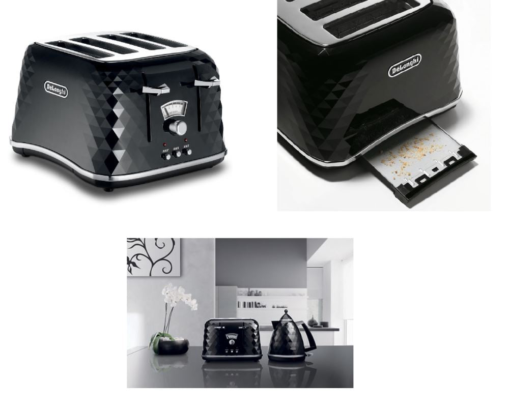 DeLonghi Brillante black 4-slice toaster with electronic controls, browning control, and removable crumb trays.