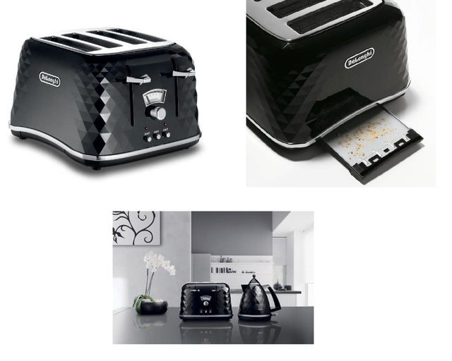 DeLonghi Brillante black 4-slice toaster with electronic controls, browning control, and removable crumb trays.